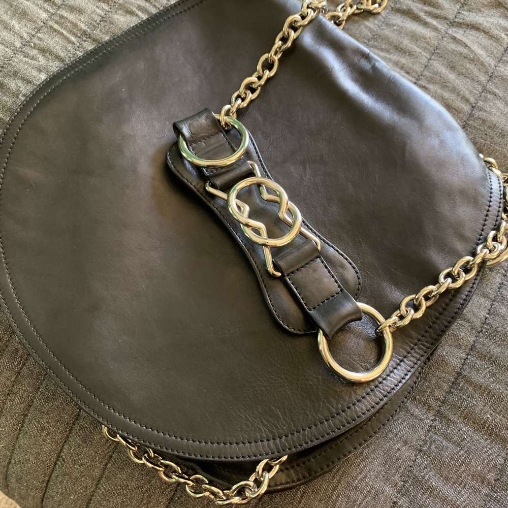 Pollini Black Italian Leather Crossbody Saddle bag